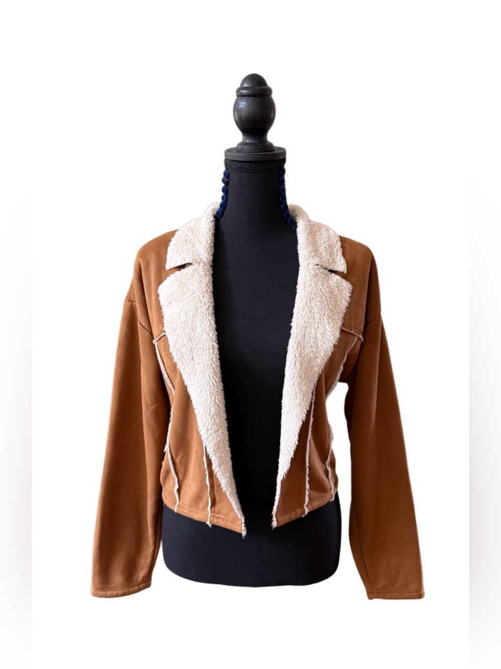 Madden NYC Cropped Brown Faux Suede Teddy-Lined Jacket with Contrast Sherpa